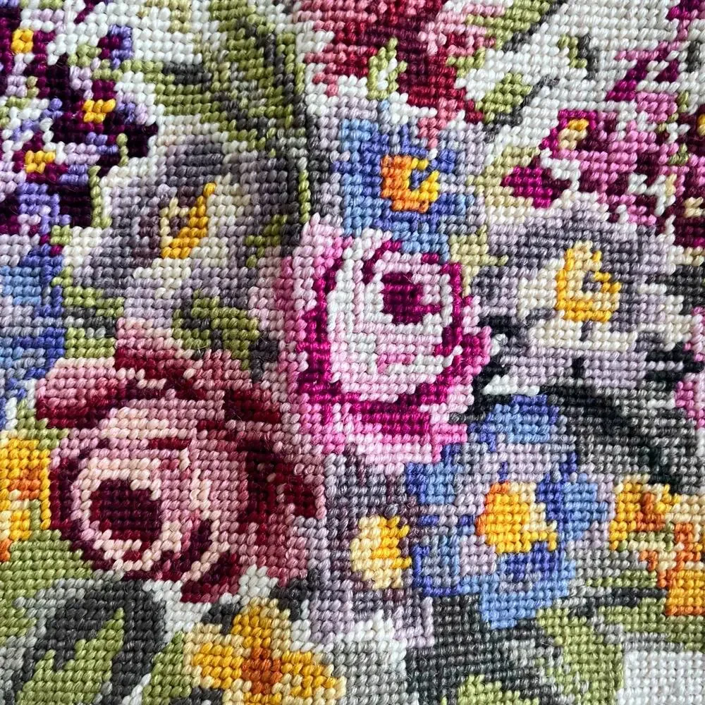 Antique Victorian Gilt &‎ Floral Hand Stitch Needlepoint Pillowcase 15x15 (D486)
